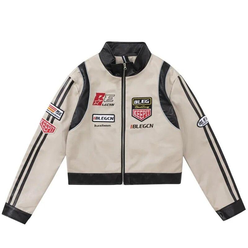 

Короткая мужская куртка из искусственной кожи с вышивкой буквами, мотоциклетное пальто со стоячим воротником, уличная мода в стиле хип-хоп, свободные топы