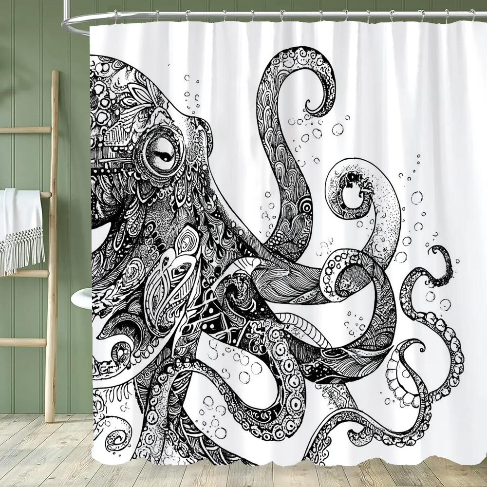 1Pc Octopus Shower Curtain Beach Blue Octopus Design Bathroom Decorative Printed Polyester Bath Curtain With Hooks