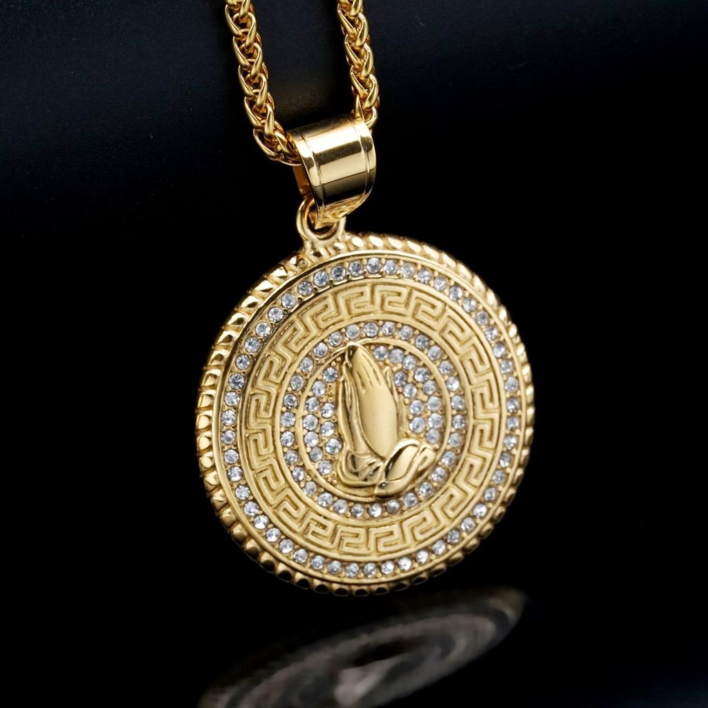 1pc Hip Hop Praying Hands Pendant Stainless Steel for Men Paved Rhinestone Gold Colour Necklace Jewelry
