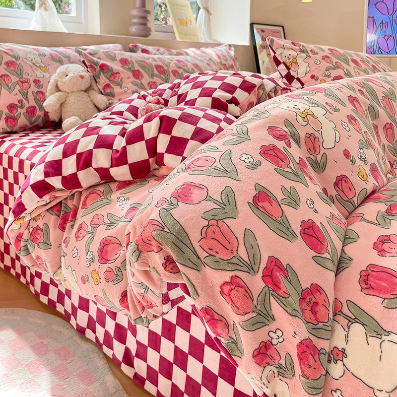 Thickened Milk Fleece Four-Piece Warm Coral Fleece Bed Sheet Quilt Cover Fleece Bedding Flannel
