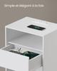 VASAGLE LET777W04 Bedside Table, Tool-Free Assembly, Side Table with Power Strip and Drawer, Modern, Bedroom, Living Room, Matt White