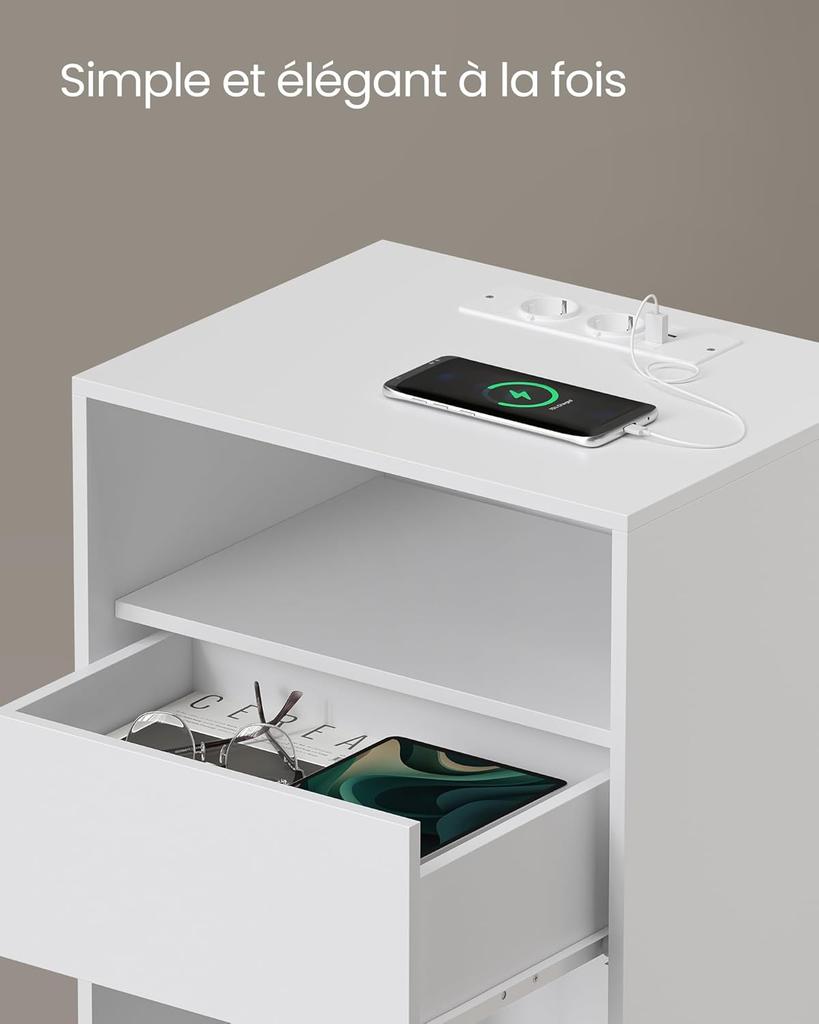 VASAGLE LET777W04 Bedside Table, Tool-Free Assembly, Side Table with Power Strip and Drawer, Modern, Bedroom, Living Room, Matt White