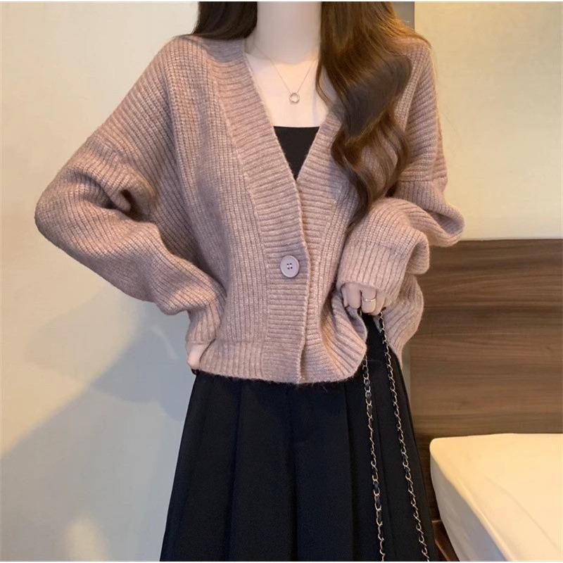 New Early Autumn Short Knitted Cardigan Loose Inner Top Long Sleeve V-Neck Sweater Jacket Women's