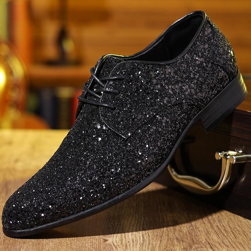 

Дизайнерская мужская обувь Высококачественная модельная обувь Деловая кожаная обувь На шнуровке Оксфорды Оэс Золотые Серебряные Пайетки Свадебная обувь для мужчин 39 чёрный