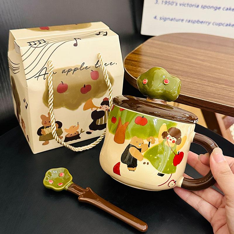 Cute Cartoon Apple Tree Mugs with LIDS Creative Easter Gifts  Water Cups  Household Ceramic Cups As Souvenirs
