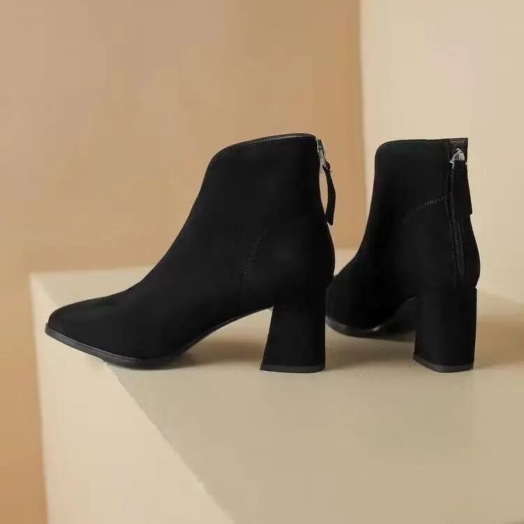 Women Ankle Boots Solid Color Pointed Toe Thick Heel Comfortable Zipper Platform Wedges Retro Short Booties Cowboy Shoes Female