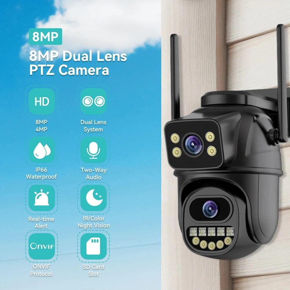 New EU 4K 8MP WIFI PTZ IP Camera Dual Lens With Dual Screen Ai Human Auto Tracking Color Nightvision ICsee Outdoor Surveillance Camera