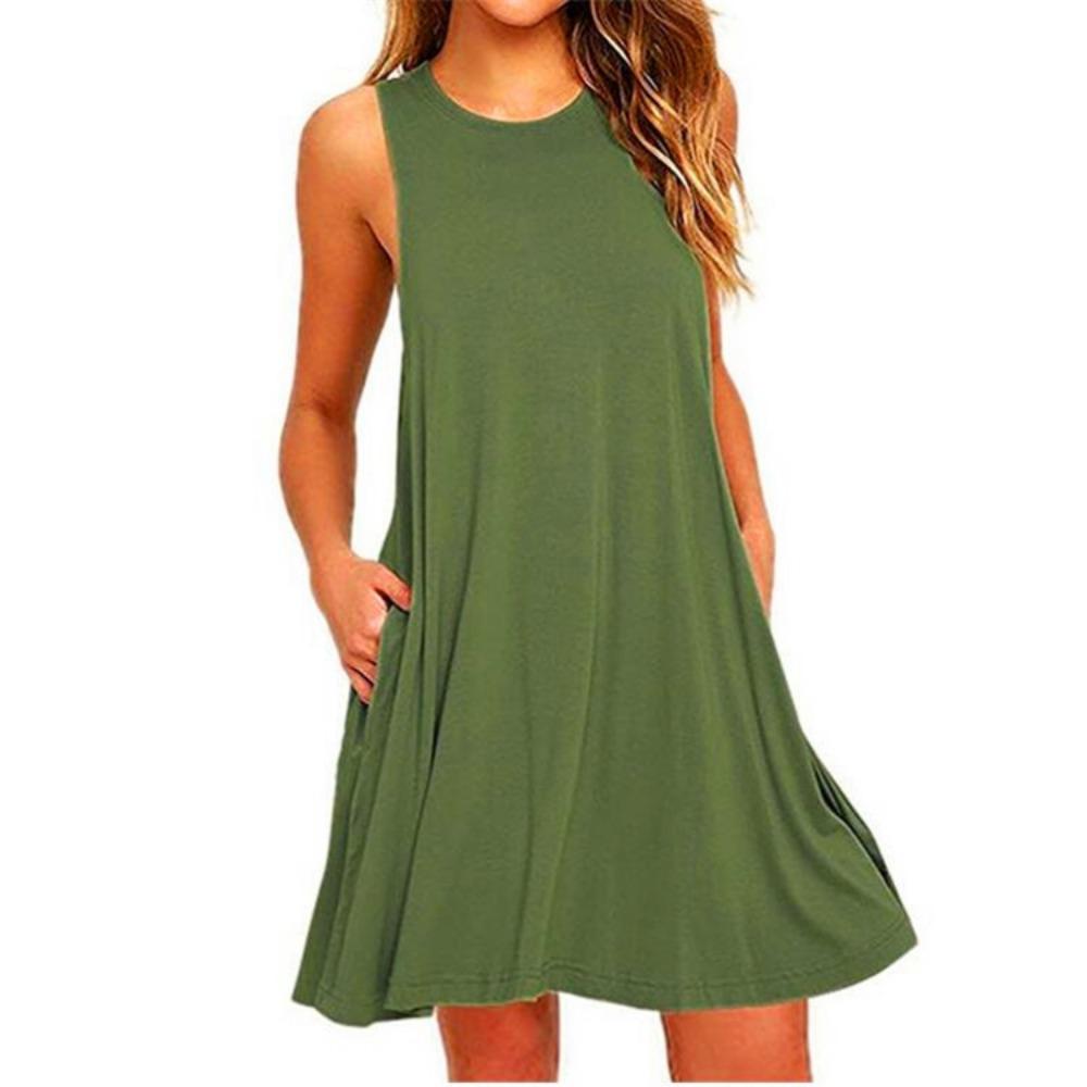 With  Solid Color Sleeveless Loose Dress Women O Neck Mini Causal Dress Office Club Party Vestidos