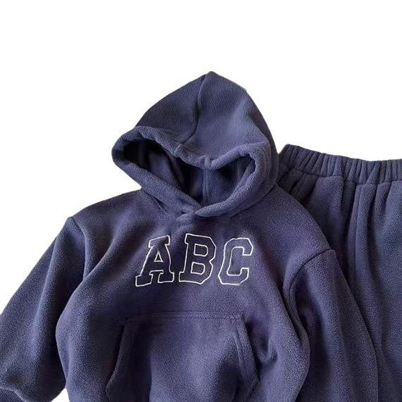 Unisex Kids' Korean Style Hoodie & Pants Set - Winter Plus Velvet, Thickened Ollie Velvet, Handsome Letter Print Two-Piece Outfit