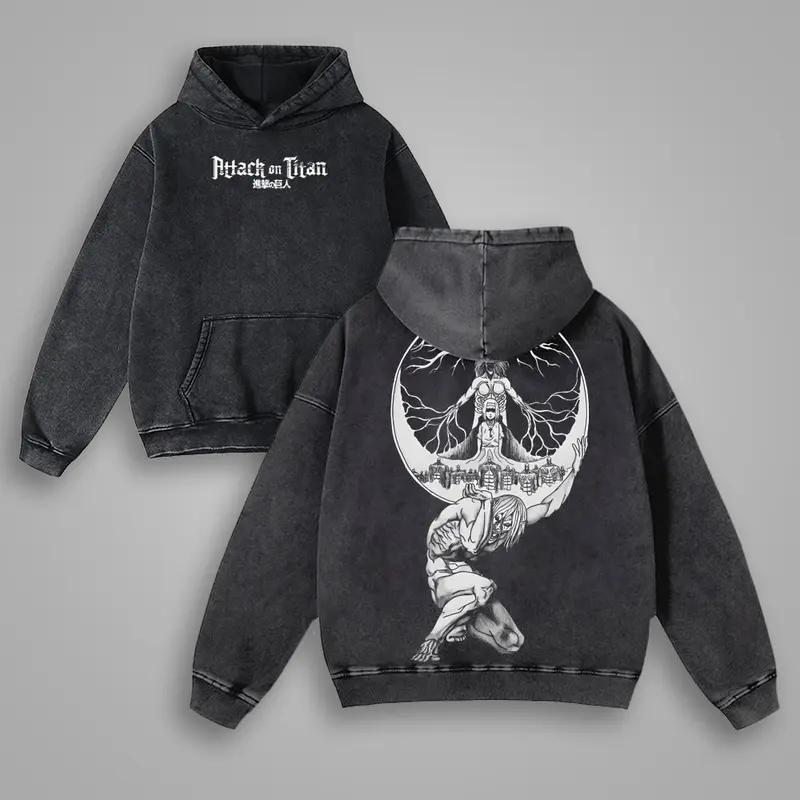 

Манга Атака Титанов Эрен Принтованные Толстовки с капюшоном Мужские Женские из стираного хлопка Ретро Уличная одежда Харадзюку Мужская Толстовка оверсайз XXL чёрный