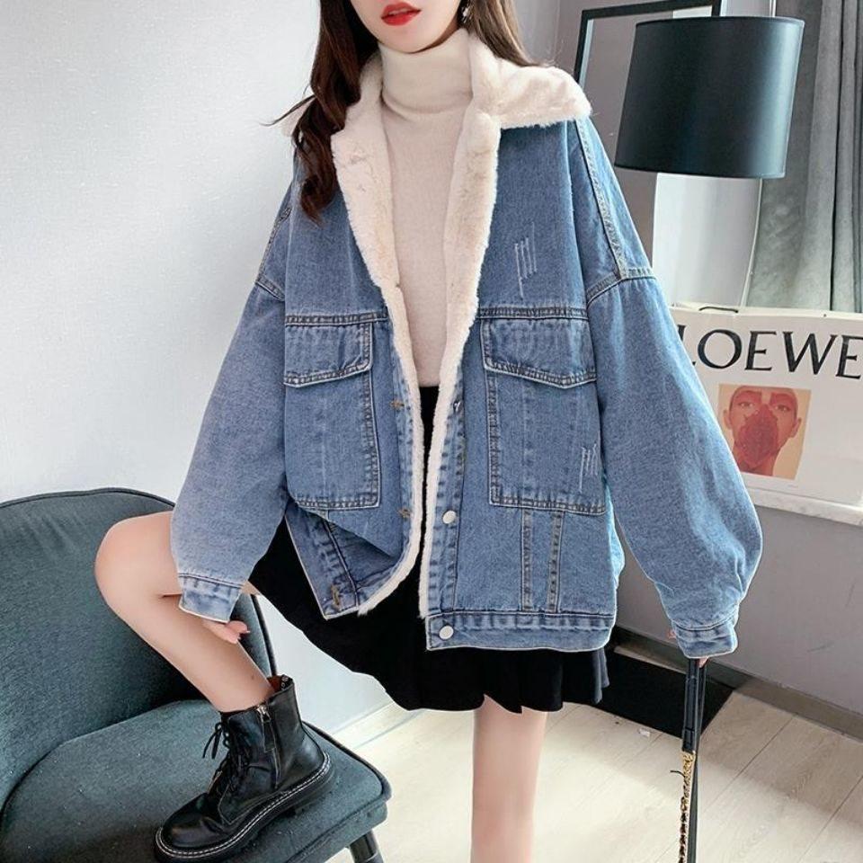 Women’s Fleece-Lined Denim Jacket, Loose Korean Style, Trendy 2025 Autumn/Winter Cardigan