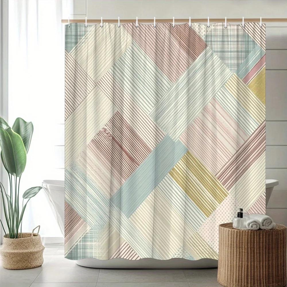 Retro Tiles Shower Curtain - Pastel Stripes Geometric Pattern, Vintage Style, Polyester, Machine Washable,Modern Bath Decor