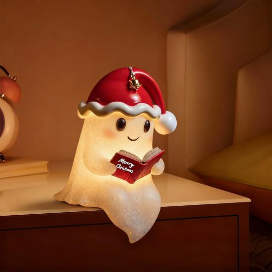 Reading Ghost Night Light Cute 3D Xmas Hat Ghost Bedside Lamp Resin Ghost Reading Book Nightlight for Bedroom Study Room Party Decor