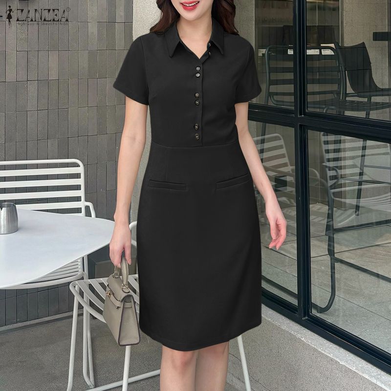 ZANZEA Lässiges Kleid mit Umlegekragen und einfarbigen Kurzarm für Damen