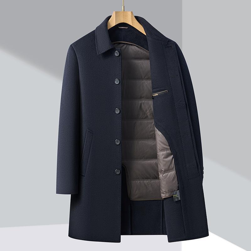 Winter Thickened Down Lining Woolen Mid-length Double-sided Wool Men's Middle-aged Lapel Coat Woolen Coat Detachable