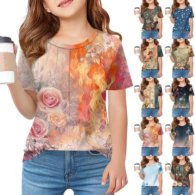 Kinder Falten EIN T-shirt Mädchen Sommer Mode Runde Kragen Gedruckt Blume Jacke Mit Kurzen Ärmeln