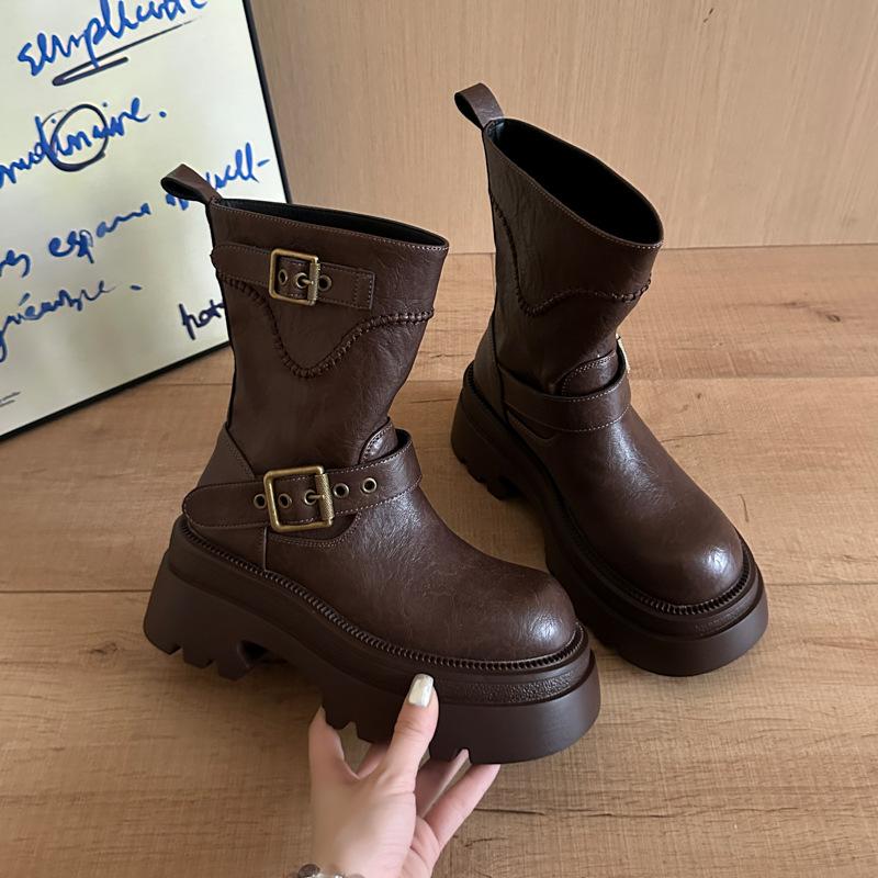 Fashion Thick-soled Heightening British Style Martin Boots Women's Autumn and Winter Maillard Leather Boots Retro Slim Knight Short Boots