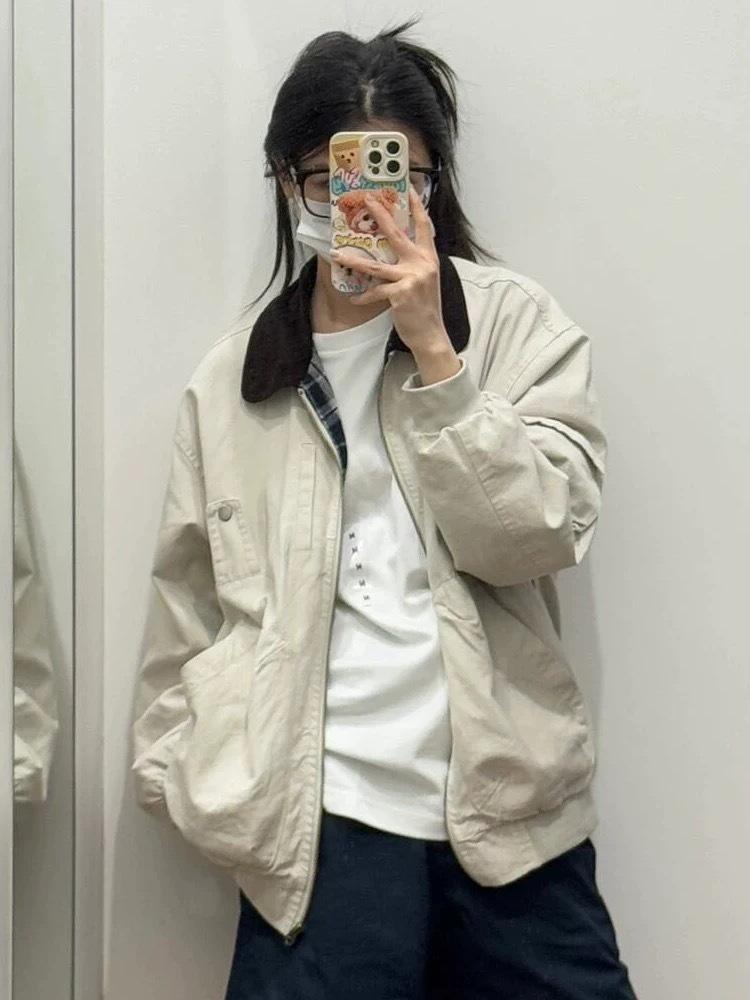 

Women s Retro Loose-Fit Unisex Workwear Jacket with Multiple Pockets XL бежевый