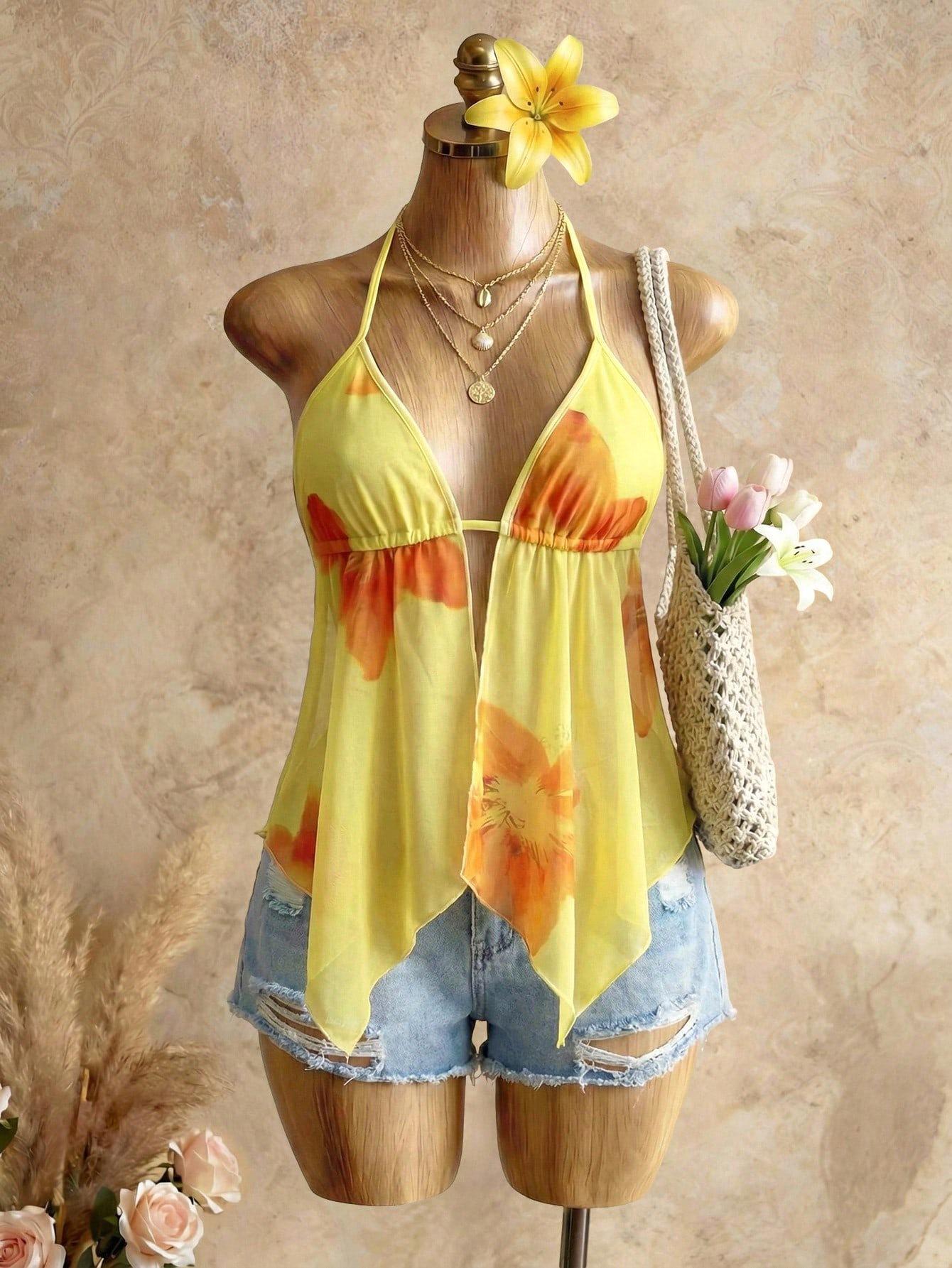 

European & American Resort-Style Printed Backless Lace-Up Halter Crop Top - Sexy Off-the-Shoulder New Arrival Small різнокольоровий