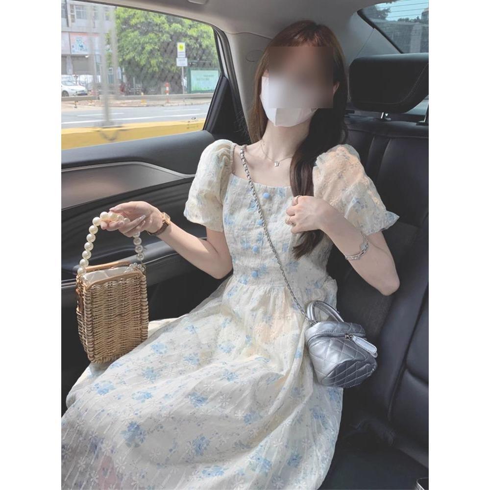 

Bubble sleeve French gentle wind blue floral dress new high-end temperament waist fairy first love long dress XL- (recommended 110-60kg) синий