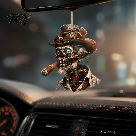 Festive Auto Interior Accessory Halloween Skull Car Hanging Ornament, 2D Flat Acrylic Rearview Skeleton Pendant Mirror Decor, Spooky