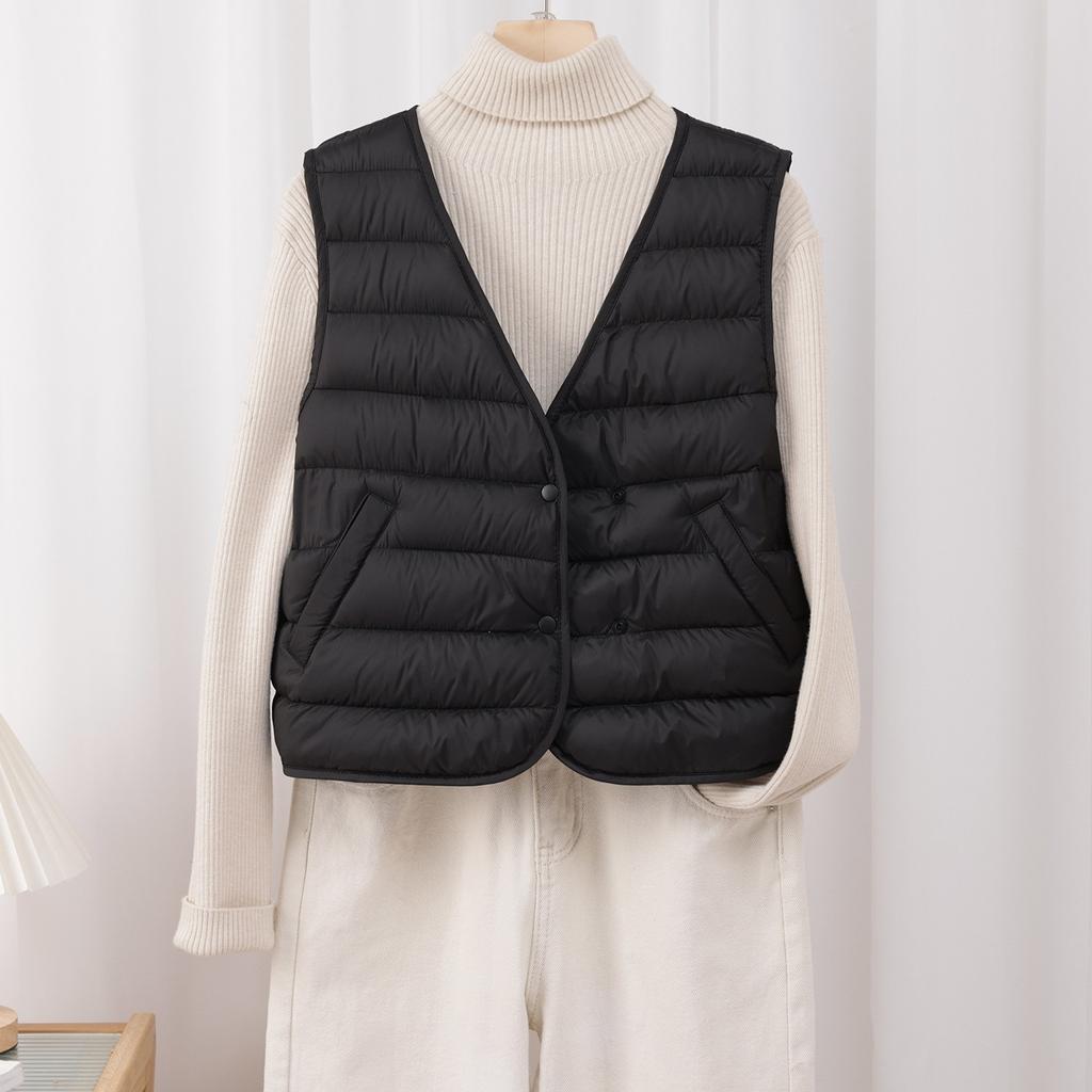 High-end Light Luxury Goose Down~ New Women's Bottom V-neck Down Vest, Light and Slim Women's Collarless Vest