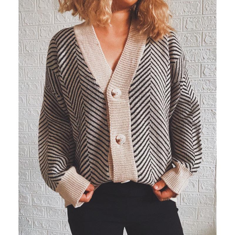 Striped Knitted Cardigan Women's Loose Sweater Single Breasted Buckle Casual Long Sleeved Jacket Warm Comfortable Commuter Tops Autumn and Winter