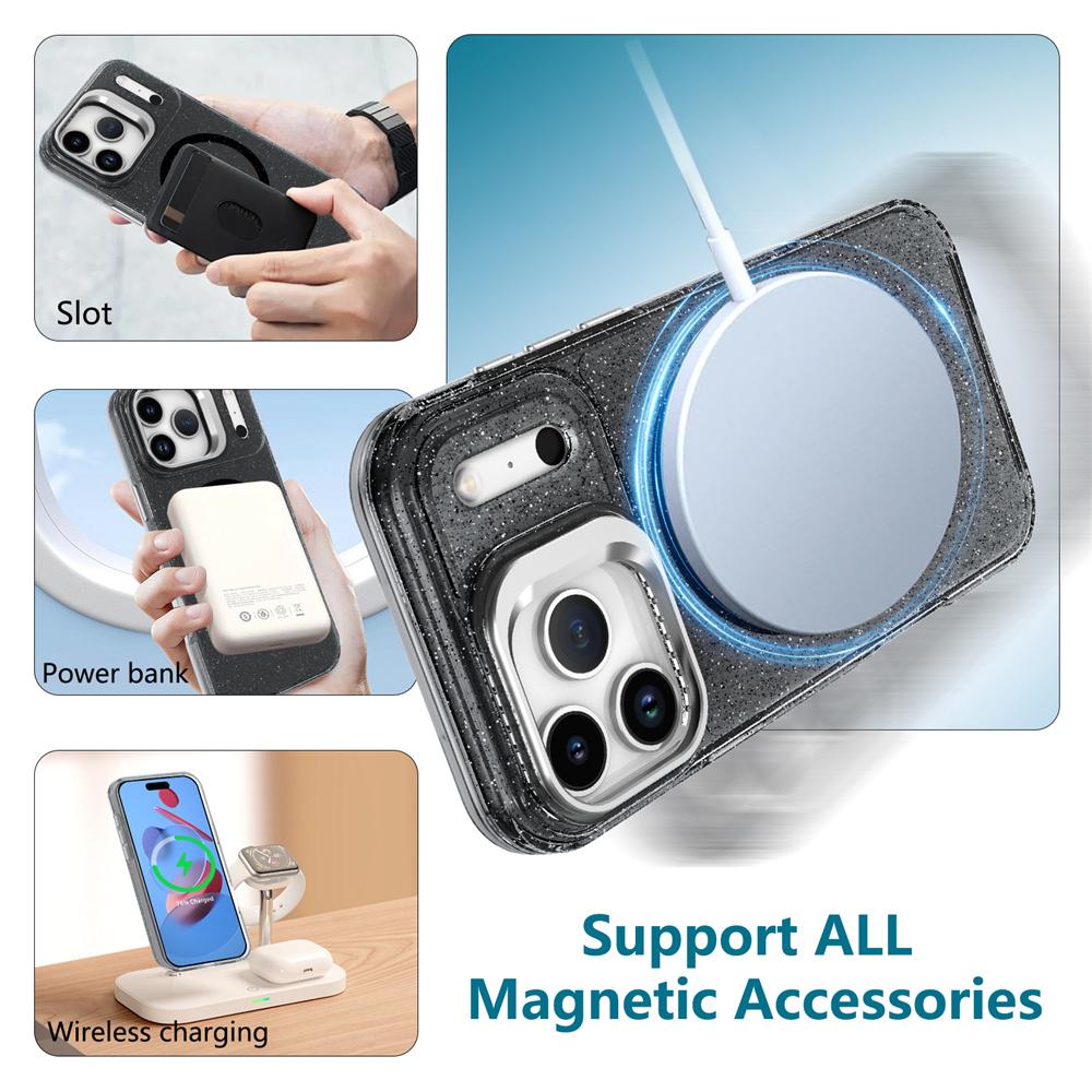 Luxury Bling Glitter For Magsafe Magnetic Case for iPhone 17 Air 17 Pro Max 16 Plus 15 14 13 12 11 Metal Lens Stand Clear Cover