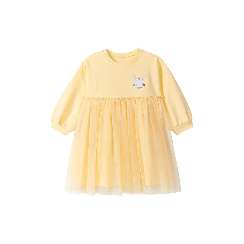Girls Mesh Dress Spring Autumn Clothes Children's Princess Dresses Cartoon Cotton Yellow Skirt for 2-7 Years Old