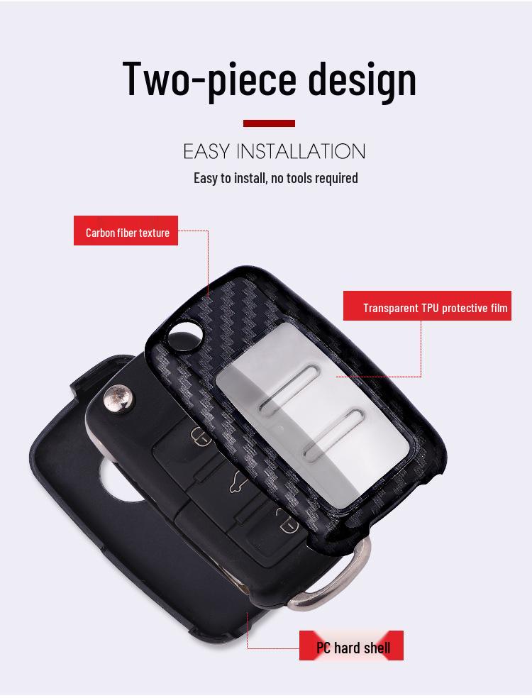 Kashiru Carbon Fiber Car Key Case for Volkswagen Sagitar, Lavida, Tiguan - Full Wrap Shell Cover