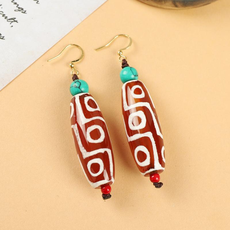 

Xizang nine-eye dzi bead agate earrings niche design retro ethnic style personalized Chinese earrings women s Tibetan earrings