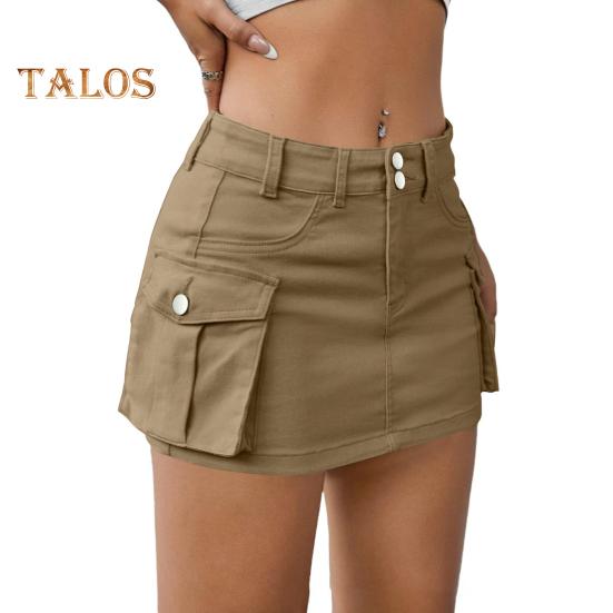 

Женская мини-джинсовая юбка с низкой талией, юбка-карго с карманом, однотонная, на пуговицах, на молнии, короткая юбка, уличная одежда S хаки