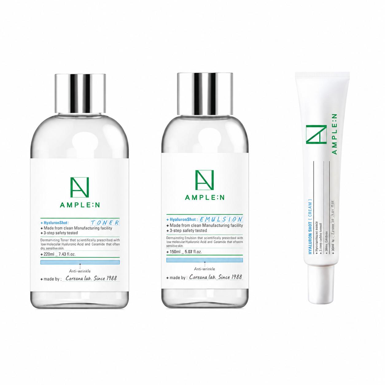 AMPLE:N Hyaluron Shot Skincare 3-Piece Set Hydrating Toner Emulsion & Ampoule Set