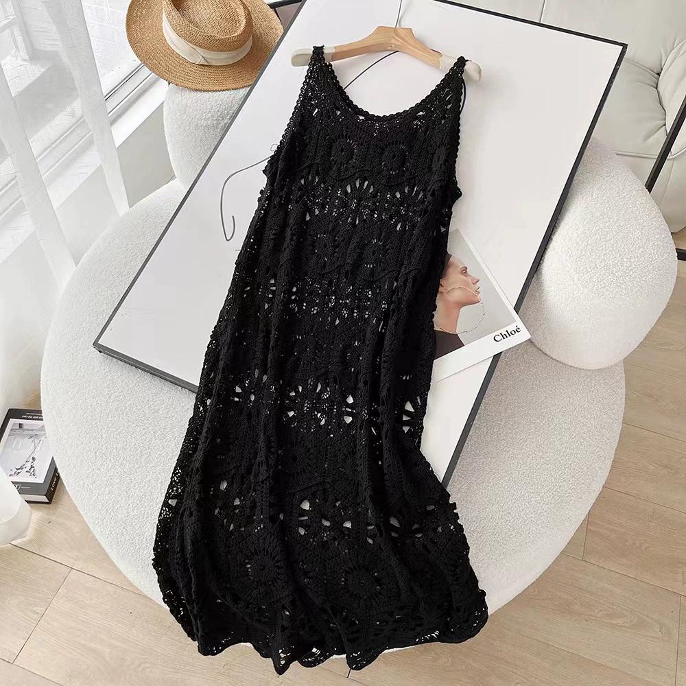 DIMANAF 2025 New Dress Women Knitting Lace Long Hollow Out Sexy Vest O-Neck Hollow Summer Style Tops Tees Loose Basic
