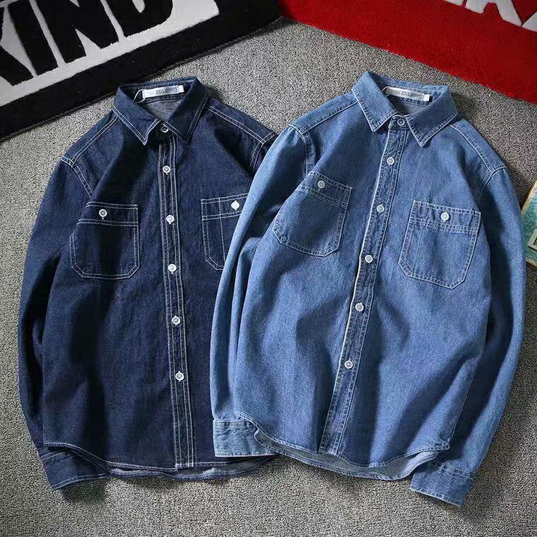 Men's Japanese Retro Denim Long-Sleeve Casual Loose Shirt Jacket, Large Size