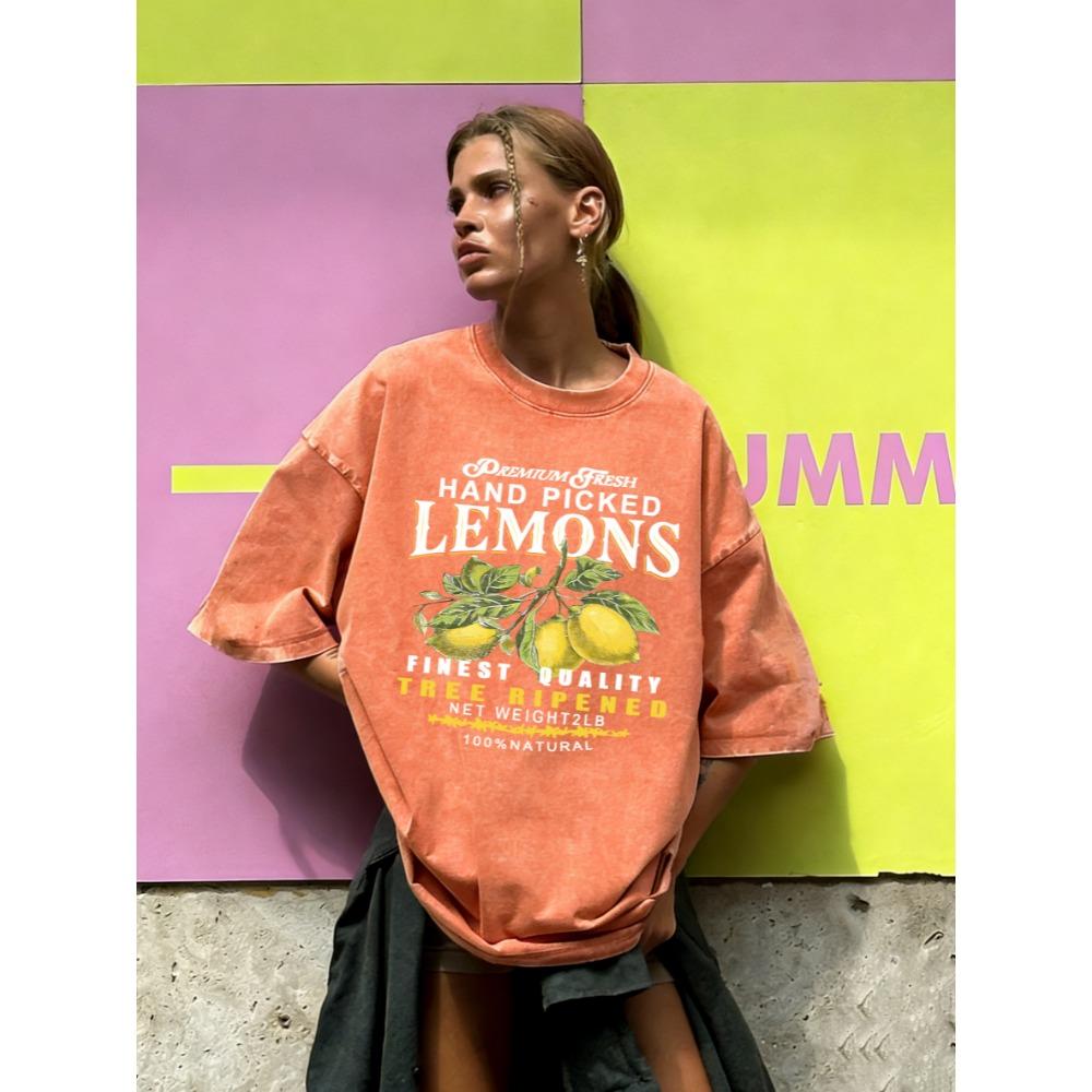 Fresh Hand Picked Lemons Print Washed T-Shirt Women Summer Casual T Shirt Cotton Loose Short Sleeve O-Neck Clothes