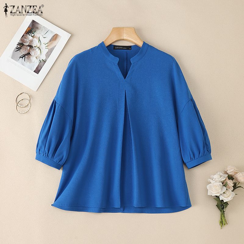 ZANZEA Women Casual V-Neck Solid Color 3/4 Sleeve Loose Blouse