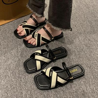 Chinelos Mulher Sapatos de Verão Baixo Pantofle Xisto Feminino Slides de Praia Moda Plano Luxo Tecido de Algodão PU Borracha Roma