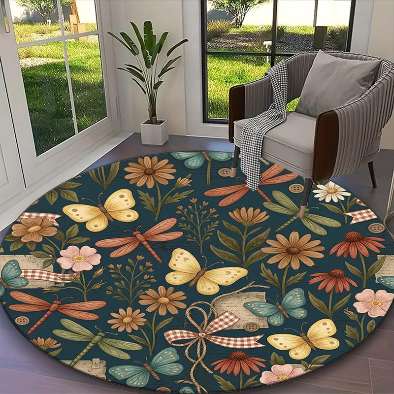 1pc Teal Checkered Butterfly Floral Printed Chair Rug for Home Office Use, Living Room Kitchen Game Room Round Carpet