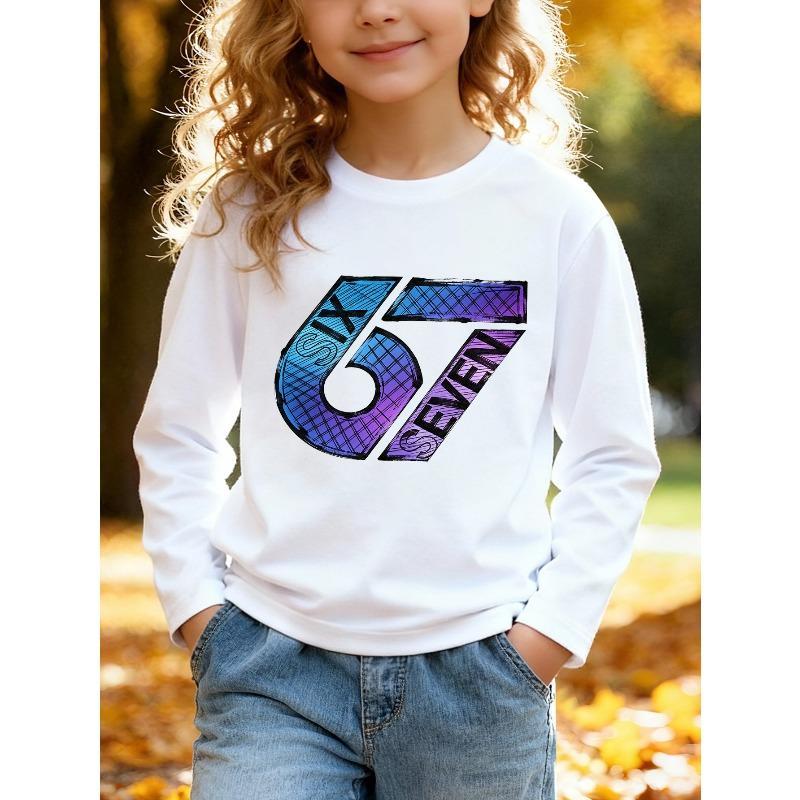 Kids Unisex Crewneck Sweatshirt, Blue Purple Grid Gradient 67 Six Seven Graphic Long Sleeve Pullover, Soft Fleece Sweatshirts for Boys Girls Ages 4+
