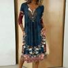Rochie casual de damă la modă, cu imprimeu colorat, gât rotund, mânecă 3/4, guler cu nasturi, lungime medie