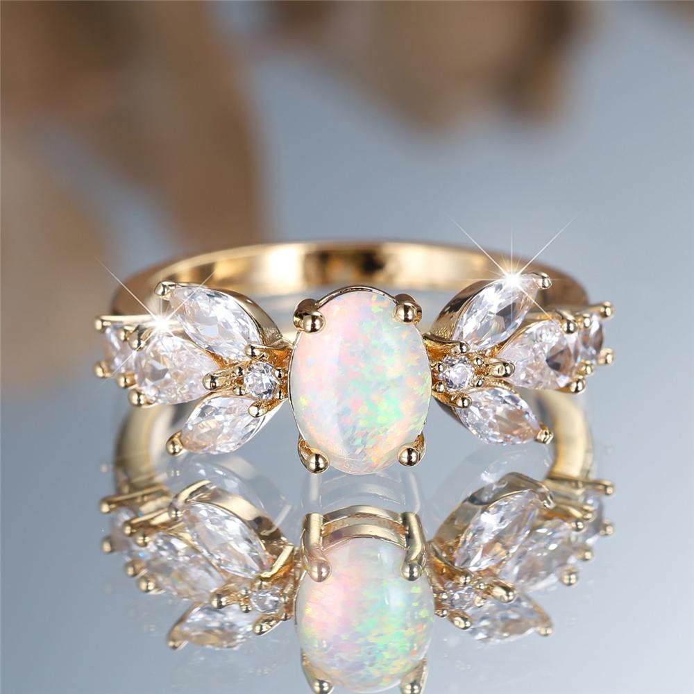 Trendy Crystal White Opal Zircon Stone Vintage Gold Color Wedding Bands Engagement Rings For Women Men Minimalist Jewelry