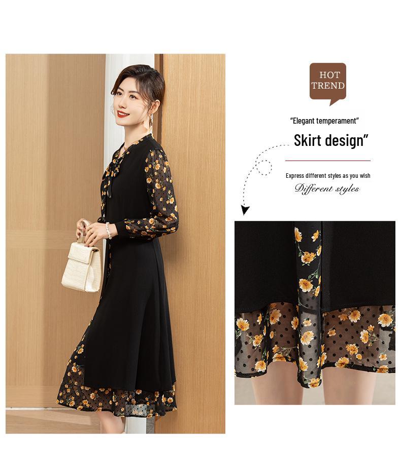 Elegant Floral Ruffle Collar Midi Dress - Long-Sleeve, Fake Two-Piece, Plus Size, Spring/Autumn Fashion for Middle-Aged Women