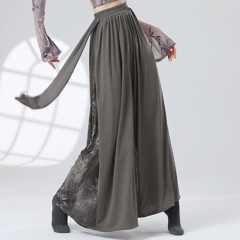 Print Wide Leg Pants Chinese Folk National Dance Culottes Flowy Modern Hanfu Classical Dancer Training Practice Skirt High Waist