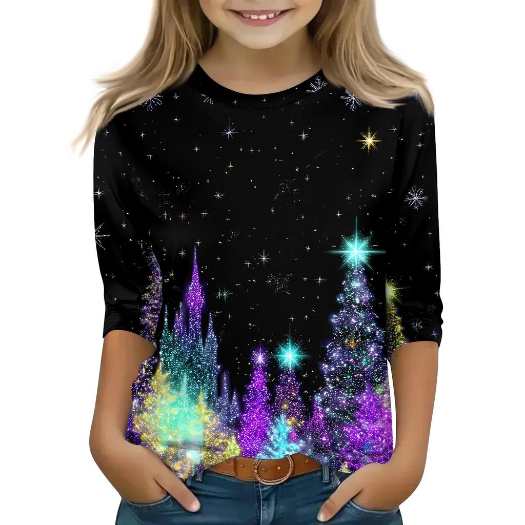 Children's 3/4 Sleeve Tops Casual Christmas Print T Shirt Round Neck Pullover Blouse