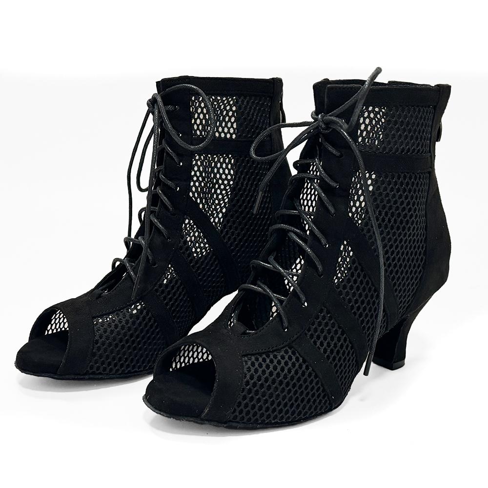 Botki Taneczne na Zamek Buty Taneczne Latino Salsa Czarna Skóra Zamszowa Damskie Buty Taneczne Na Różnych Obcasach 8.5cm 7.5cm 6cm QT-006