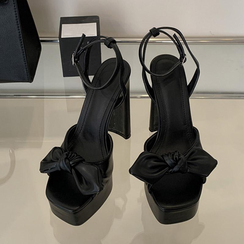 Liyke Apricot Leather Bowknot Designer Platform High Heels Sexy Sandals Women Square Toe Buckle Strap Chunky Shoes Zapatos Mujer