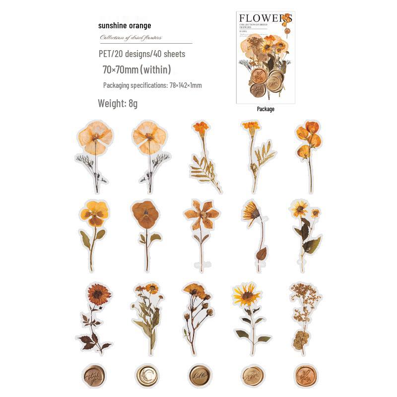 Paquete de Pegatinas para Mascotas de Día Maravilloso: 40 Hojas de Decoraciones para Diario de Flores Secas con Cera de Sellado