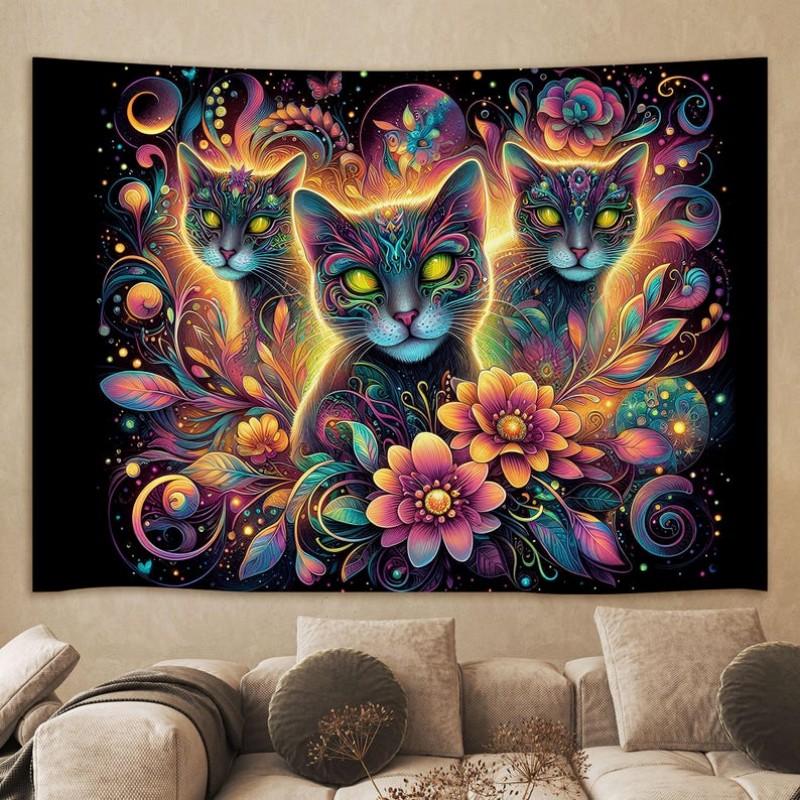 Trippy Cat Flower Tapestry Polyester Wall Hanging Psychedelic Colorful Tapestry for Bedroom Room Decoration 100X70CM