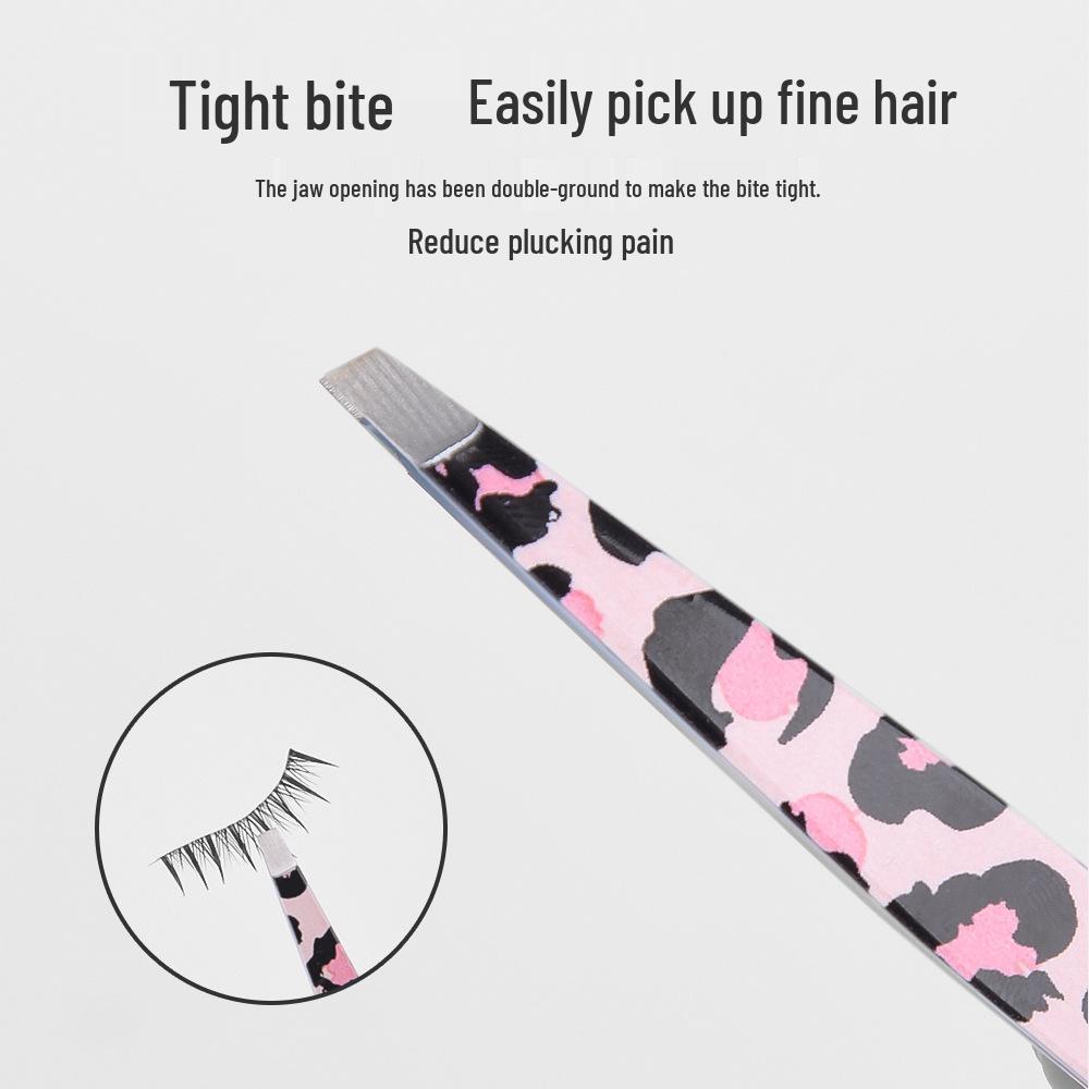 Stainless Steel Leopard Print Pink 4-Piece Eyebrow Shaping Set with Flat & Pointed Clips